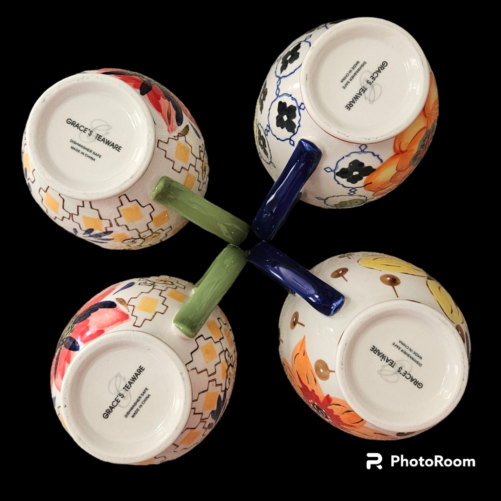 4 Grace's Teaware Pedestal Allover Floral Tea Cups Vibrant Color Coffee Soup Mug - Picture 4 of 8
